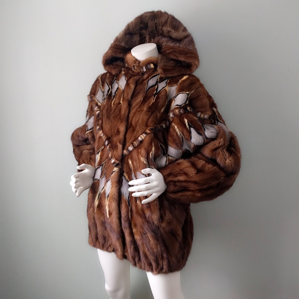 Quilted Patchwork Mink Fur Batwing Hooded Bomber M - Picture 4 of 8